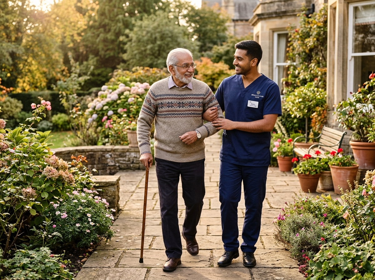A carer accompanies an older gentleman on a gentle garden walk